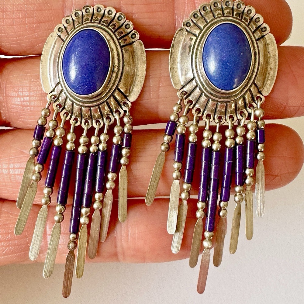 Fringe Blue Lapis Earrings Signed STC‎ Dangle Sterling 925 Southwest Big Bold